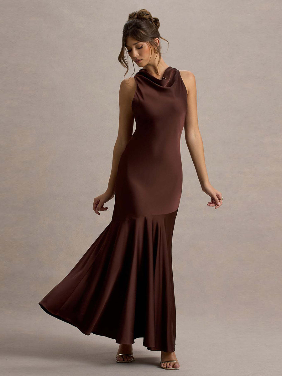 Backless Cowl Neck Ruffled Sleeveless Cocktail Dress