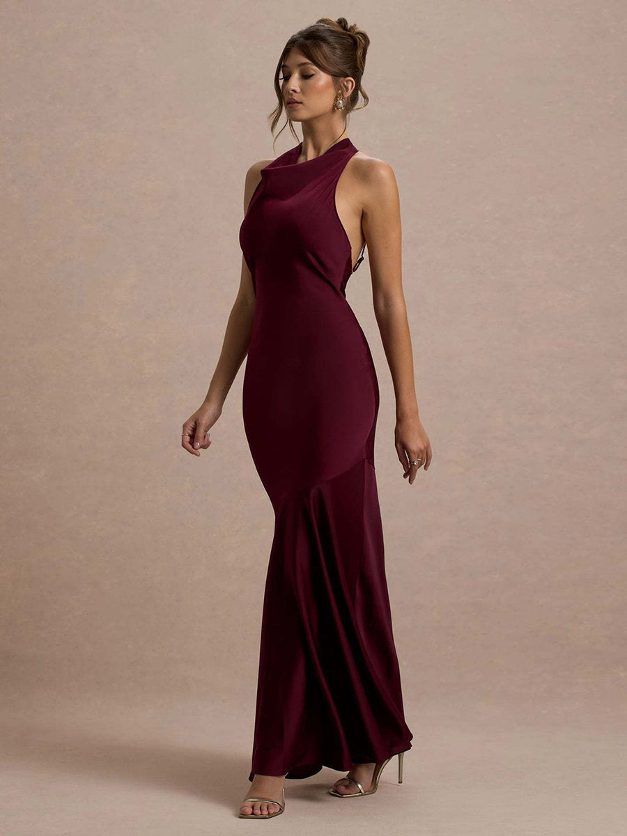 Backless Cowl Neck Ruffled Sleeveless Cocktail Dress