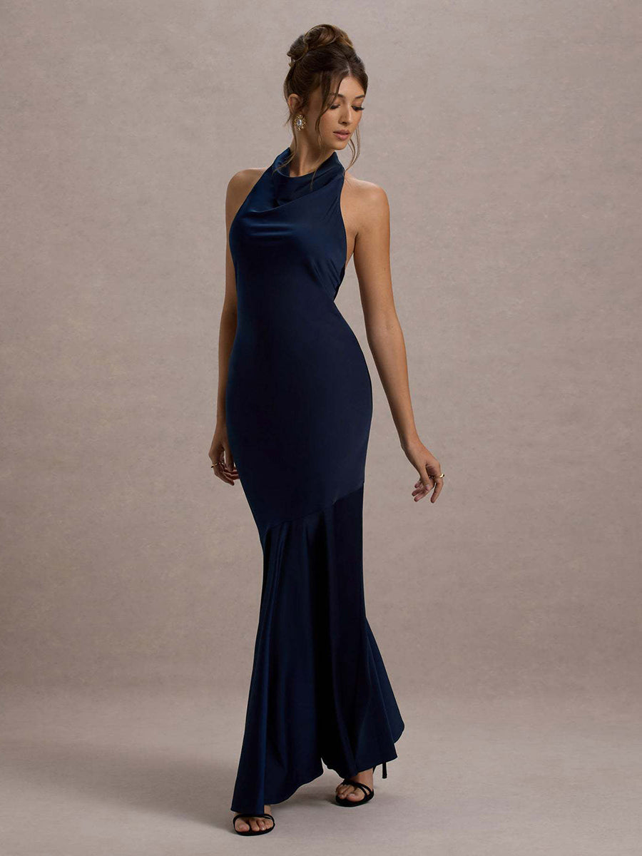 Backless Cowl Neck Ruffled Sleeveless Cocktail Dress