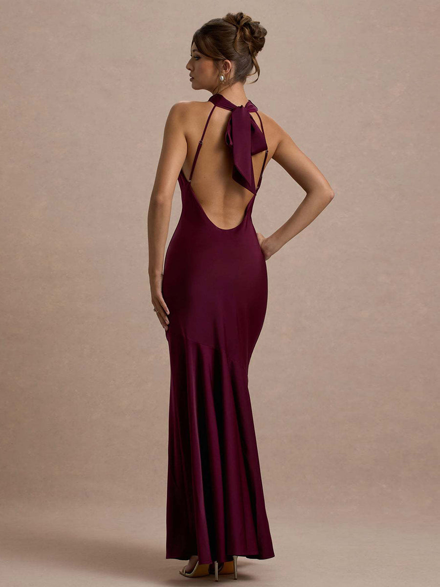 Backless Cowl Neck Ruffled Sleeveless Cocktail Dress