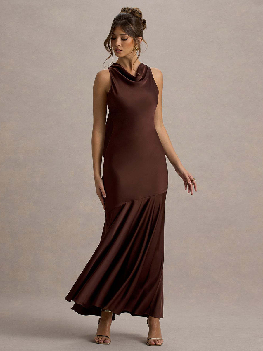 Backless Cowl Neck Ruffled Sleeveless Cocktail Dress