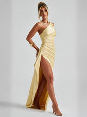 Yellow One Shoulder Slit Cocktail Dress