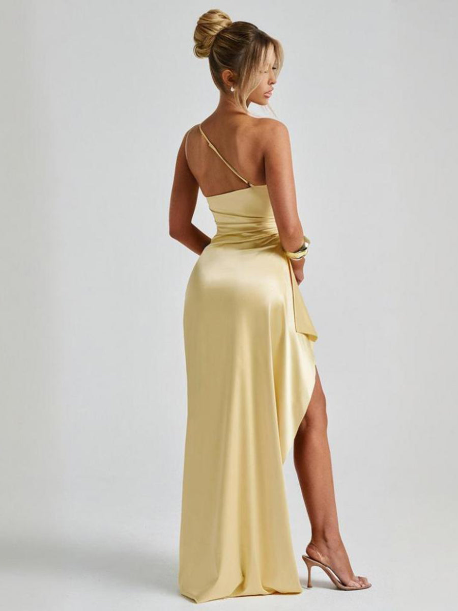 Yellow One Shoulder Slit Cocktail Dress