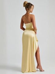 Yellow One Shoulder Slit Cocktail Dress