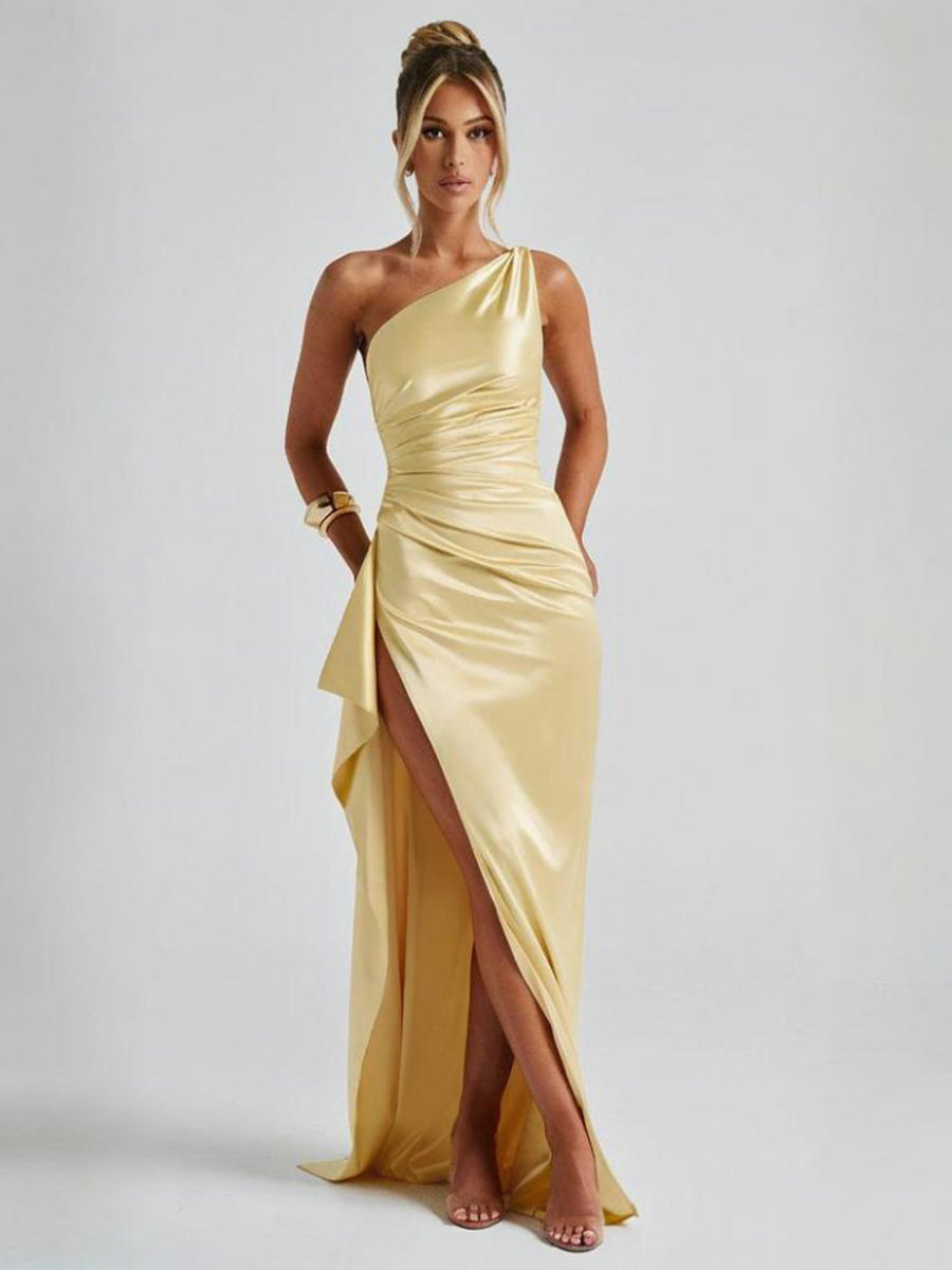 Yellow One Shoulder Slit Cocktail Dress