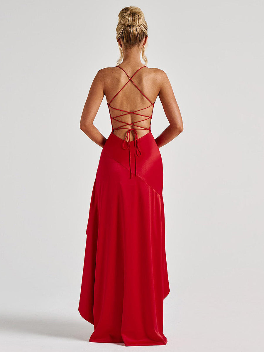 Spaghetti Lace Back Asymmetric Cocktail Dress