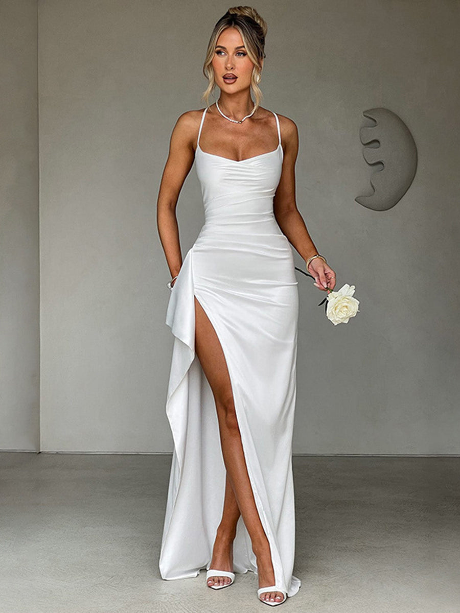 White Lace-up Asymmetric Cocktail Dress