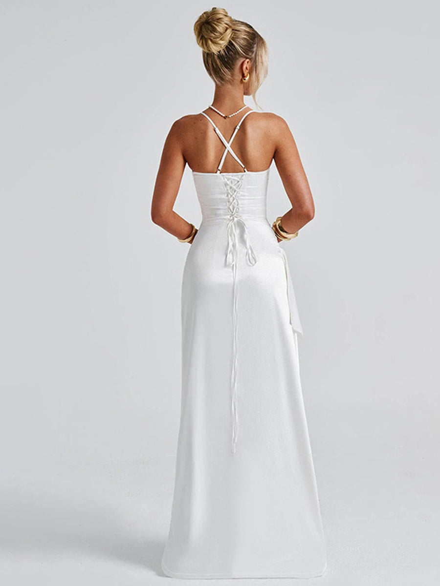 White Lace-up Asymmetric Cocktail Dress