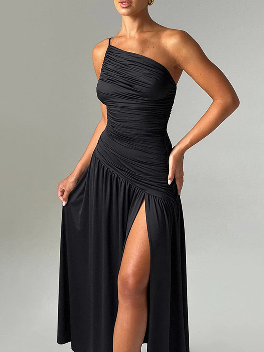 White One Shoulder Ruched Slit Cocktail Dress