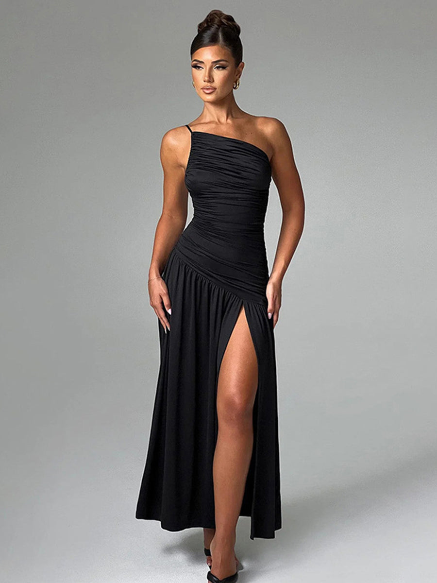 White One Shoulder Ruched Slit Cocktail Dress