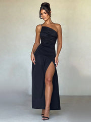 White One Shoulder Ruched Slit Cocktail Dress