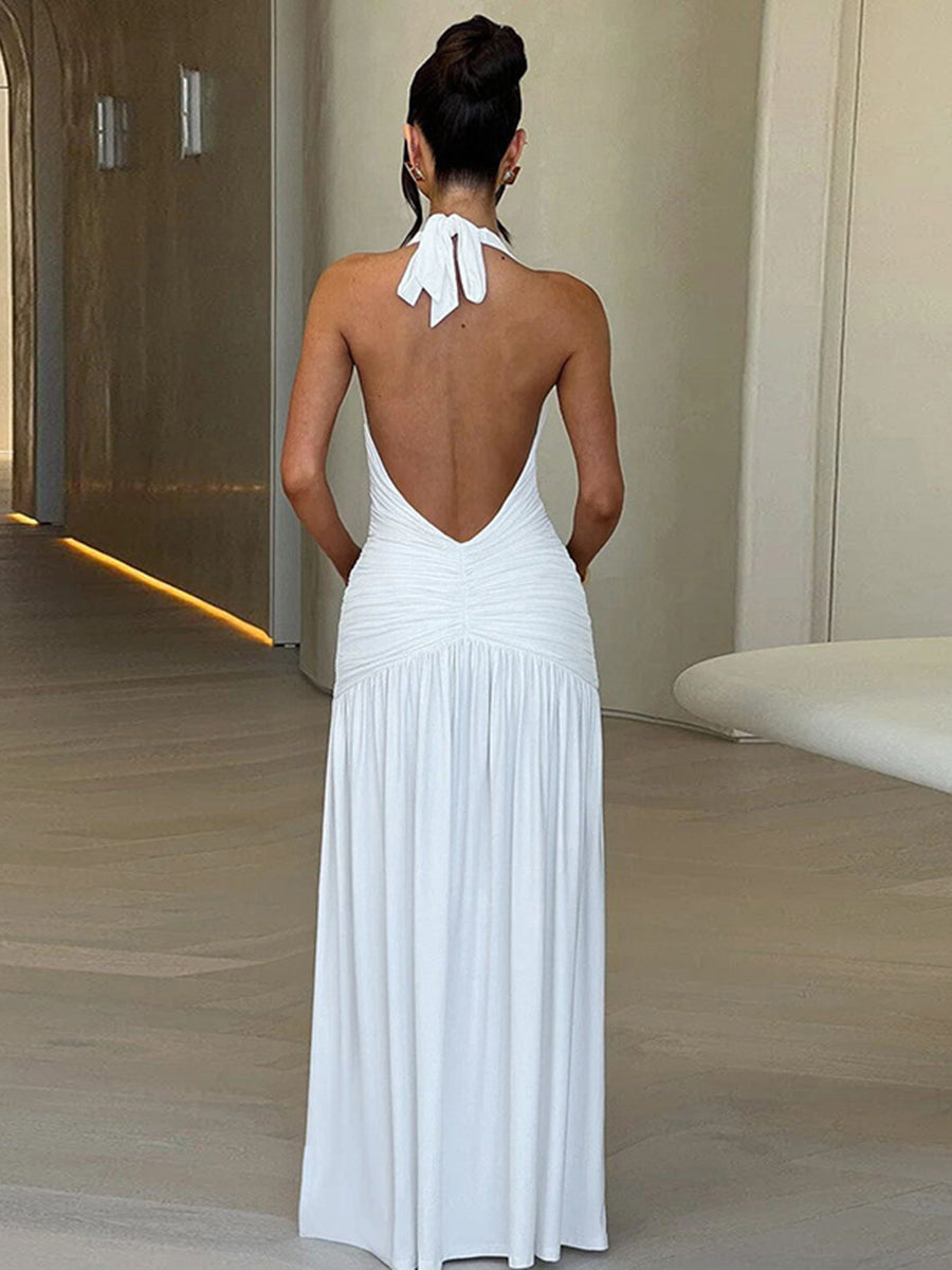 White Halter Ruched Slit Backless Cocktail Dress