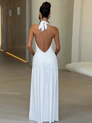 White Halter Ruched Slit Backless Cocktail Dress