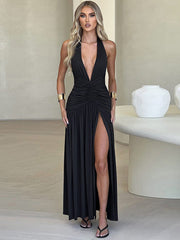 White Halter Ruched Slit Backless Cocktail Dress