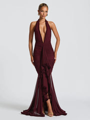 Wine Deep V-neck Sexy Ruffled Prom Dress