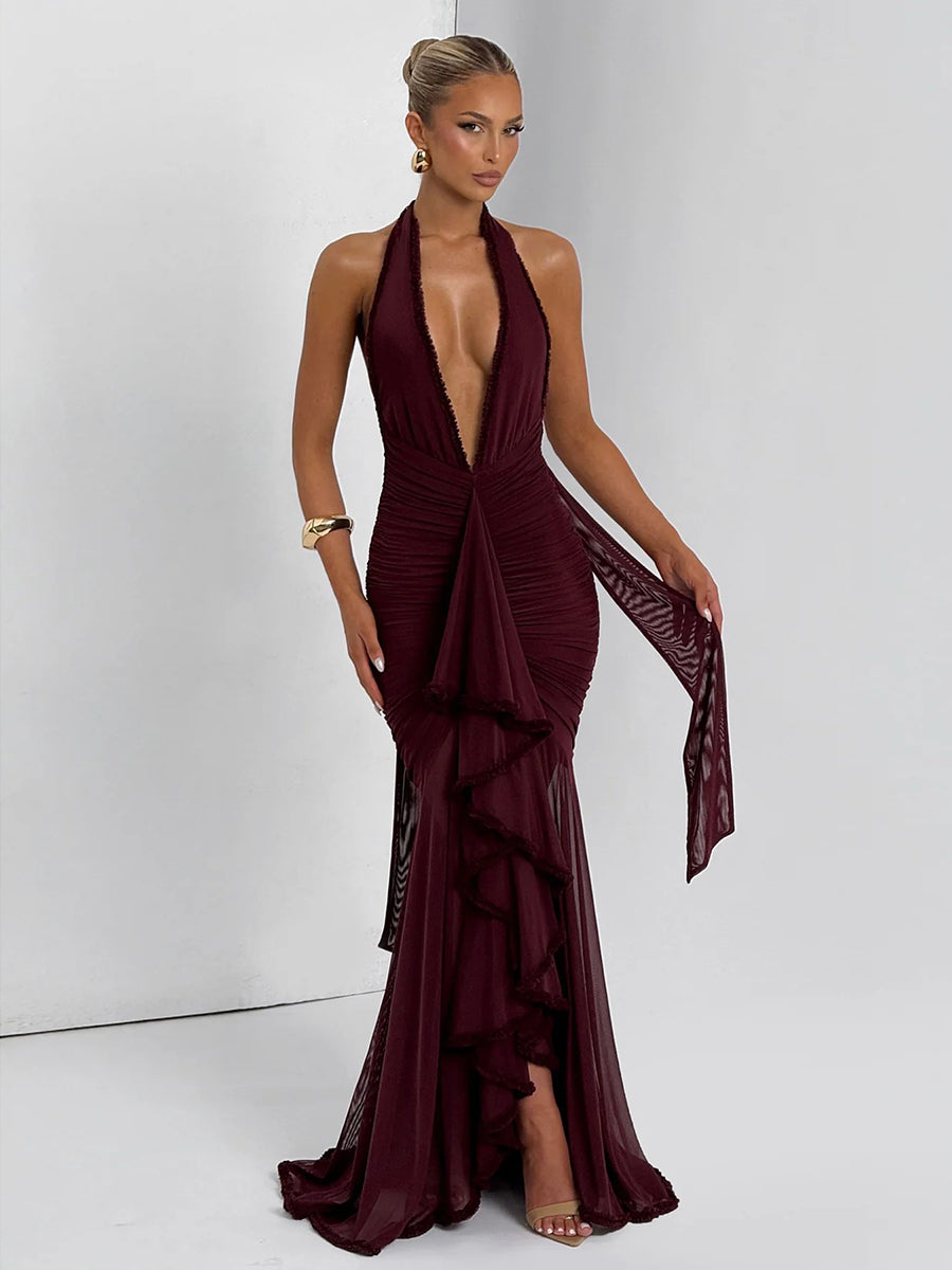 Wine Deep V-neck Sexy Ruffled Prom Dress