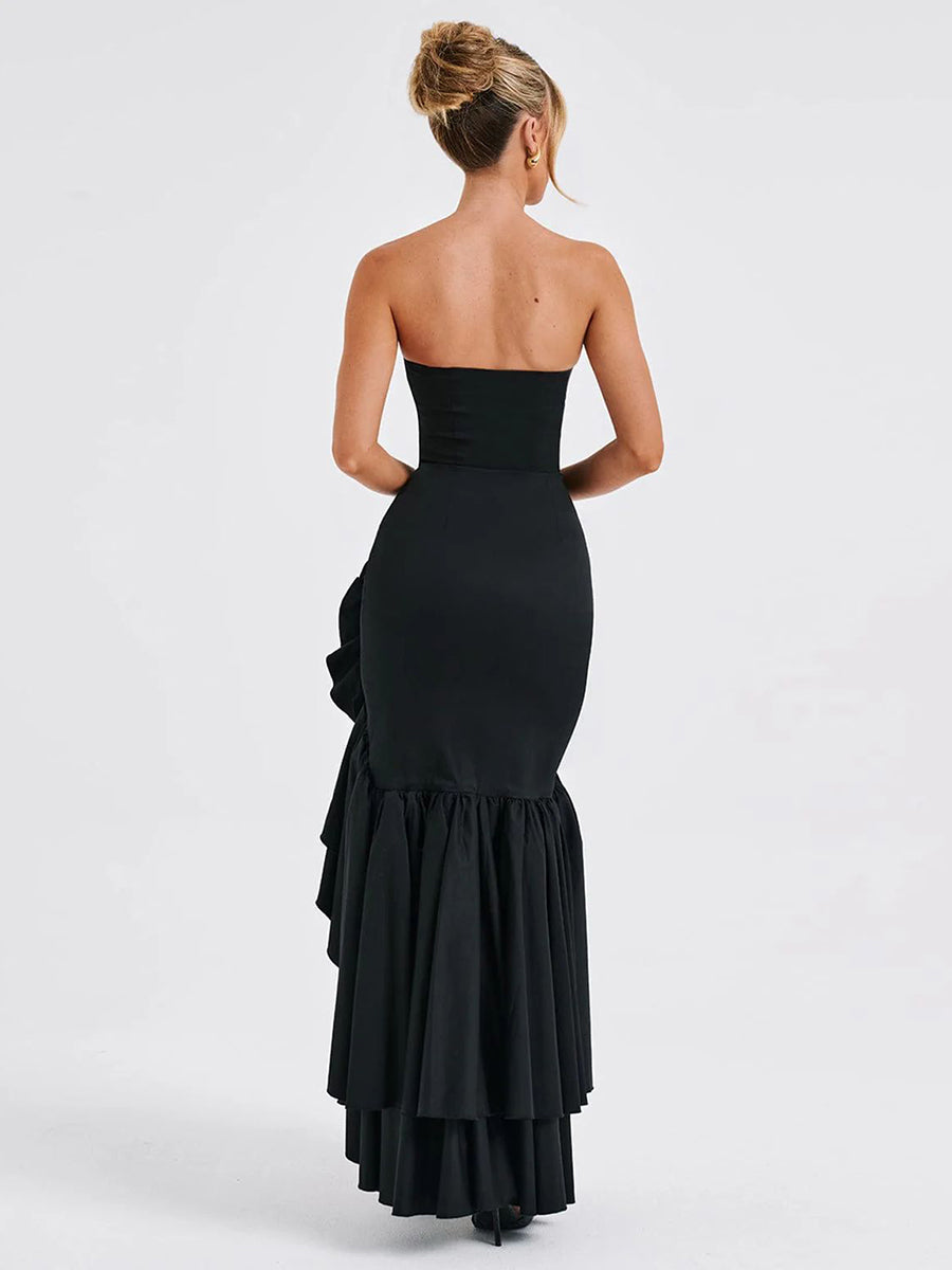 Wine Strapless Ruffled Asymmetrical Prom Dress