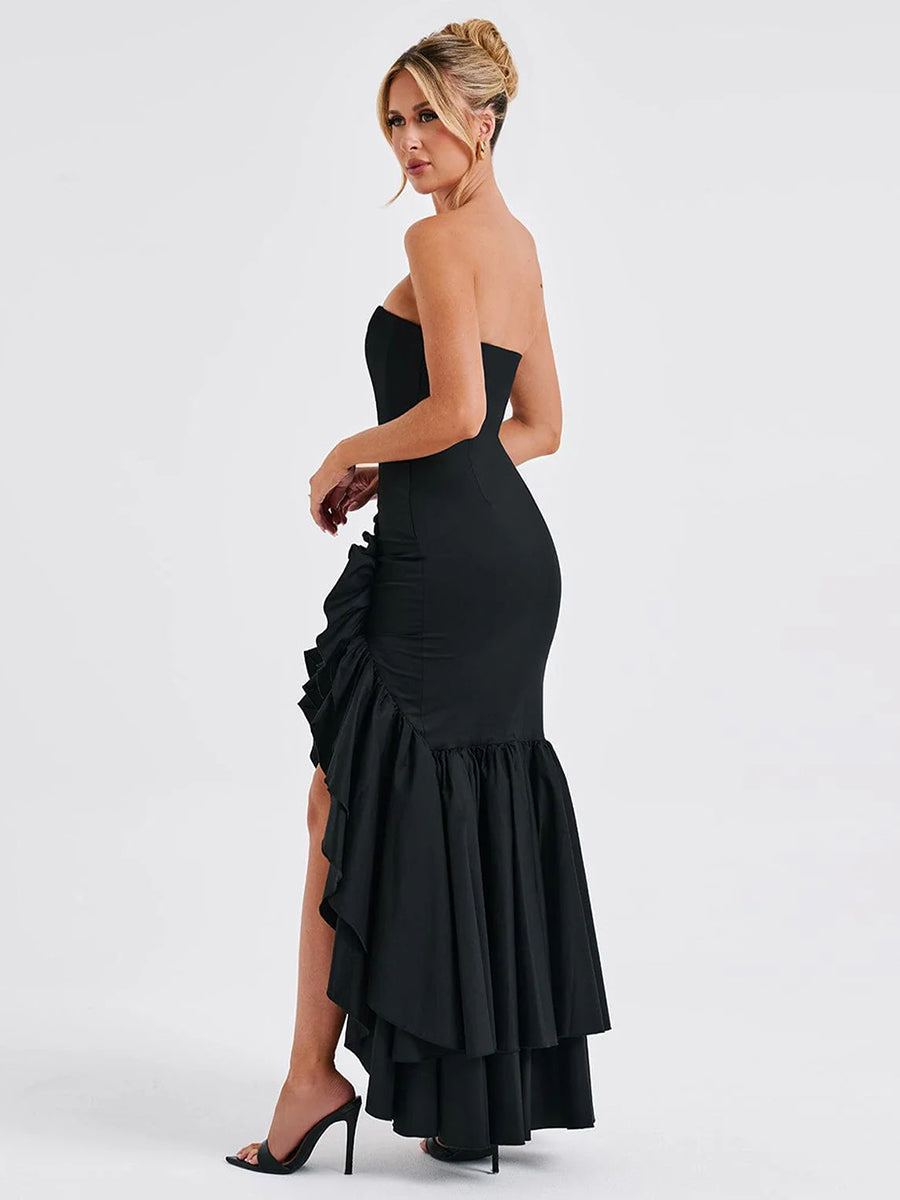 Wine Strapless Ruffled Asymmetrical Prom Dress