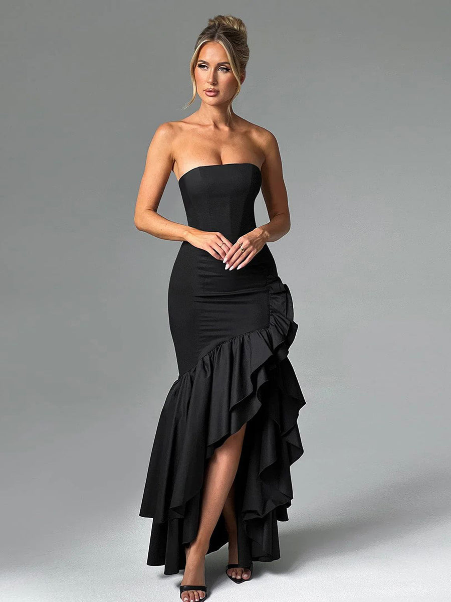 Wine Strapless Ruffled Asymmetrical Prom Dress