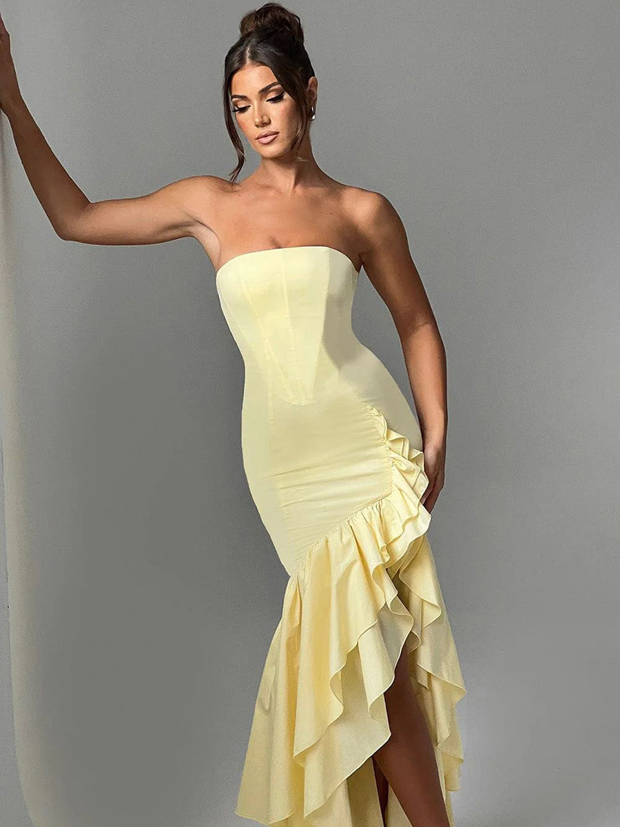 Wine Strapless Ruffled Asymmetrical Prom Dress