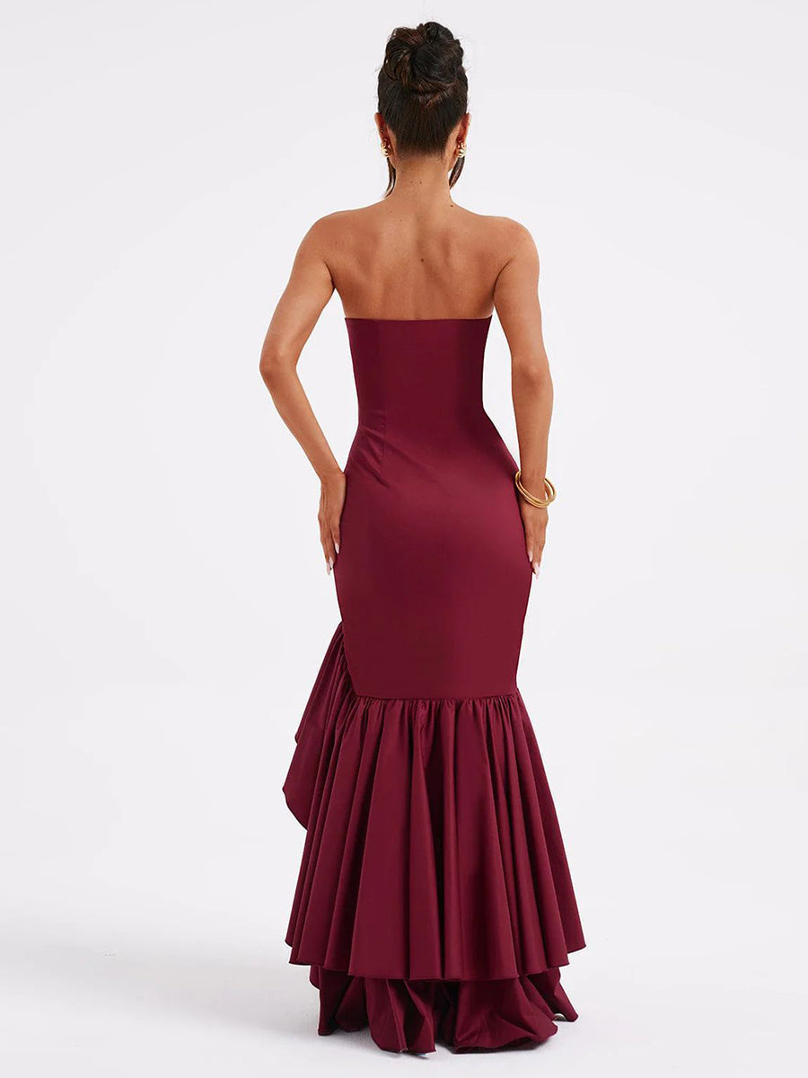 Wine Strapless Ruffled Asymmetrical Prom Dress