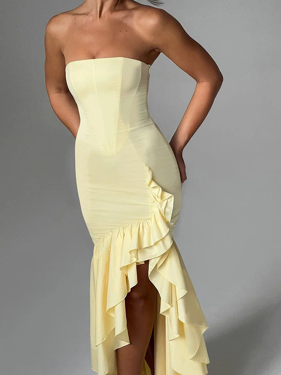 Wine Strapless Ruffled Asymmetrical Prom Dress