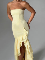 Wine Strapless Ruffled Asymmetrical Prom Dress