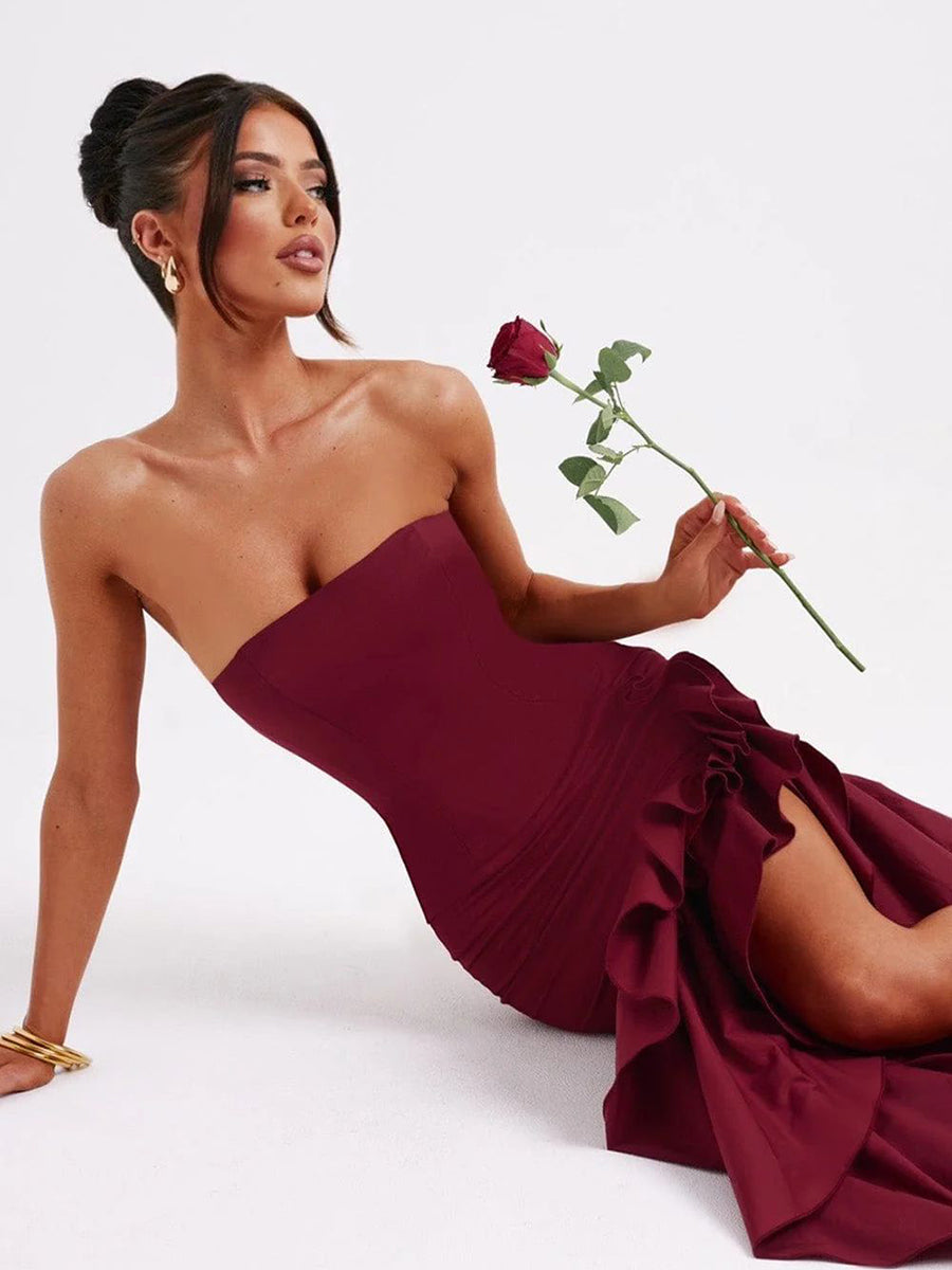 Wine Strapless Ruffled Asymmetrical Prom Dress