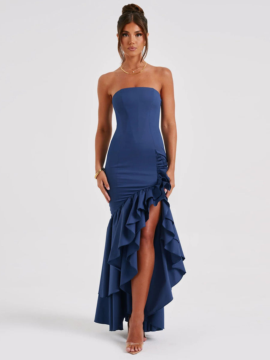 Wine Strapless Ruffled Asymmetrical Prom Dress