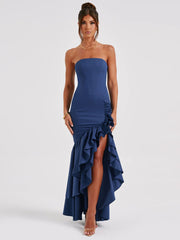 Wine Strapless Ruffled Asymmetrical Prom Dress