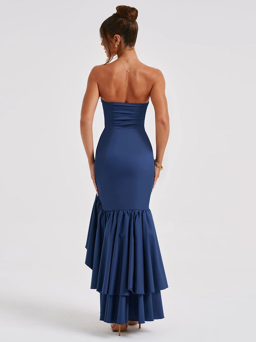 Wine Strapless Ruffled Asymmetrical Prom Dress