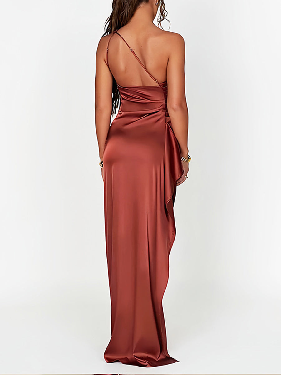 One Shoulder Slit Ruched Cocktail Dress