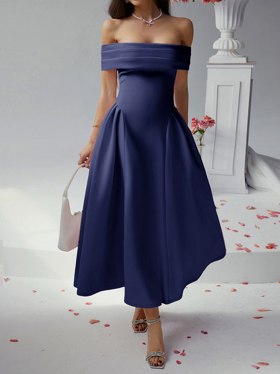 Off Shoulder A-line Solid Prom Dress