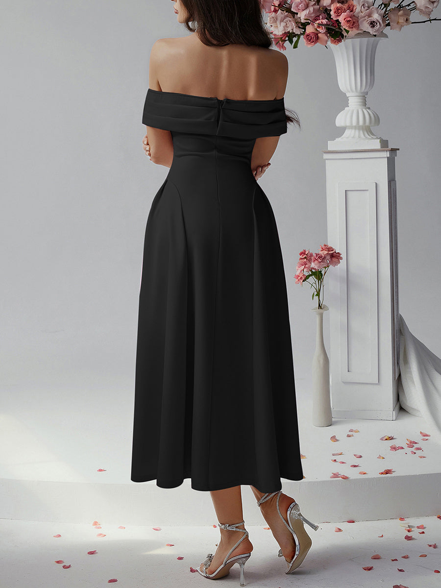 Off Shoulder A-line Solid Prom Dress
