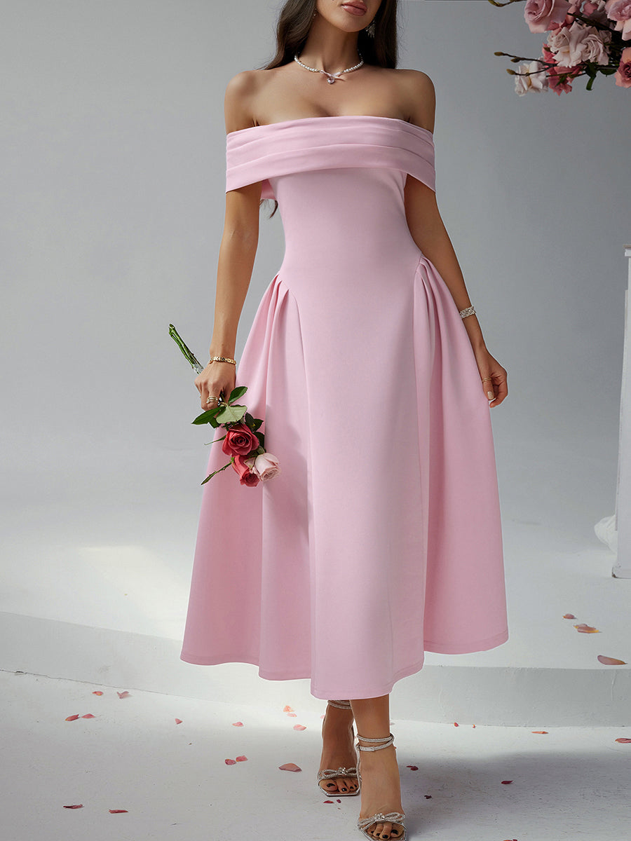 Off Shoulder A-line Solid Prom Dress