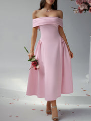 Off Shoulder A-line Solid Prom Dress