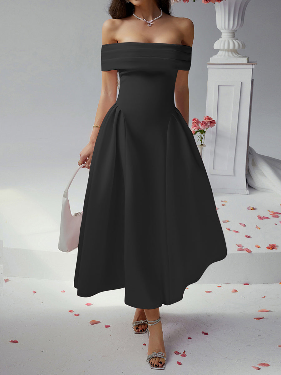 Off Shoulder A-line Solid Prom Dress