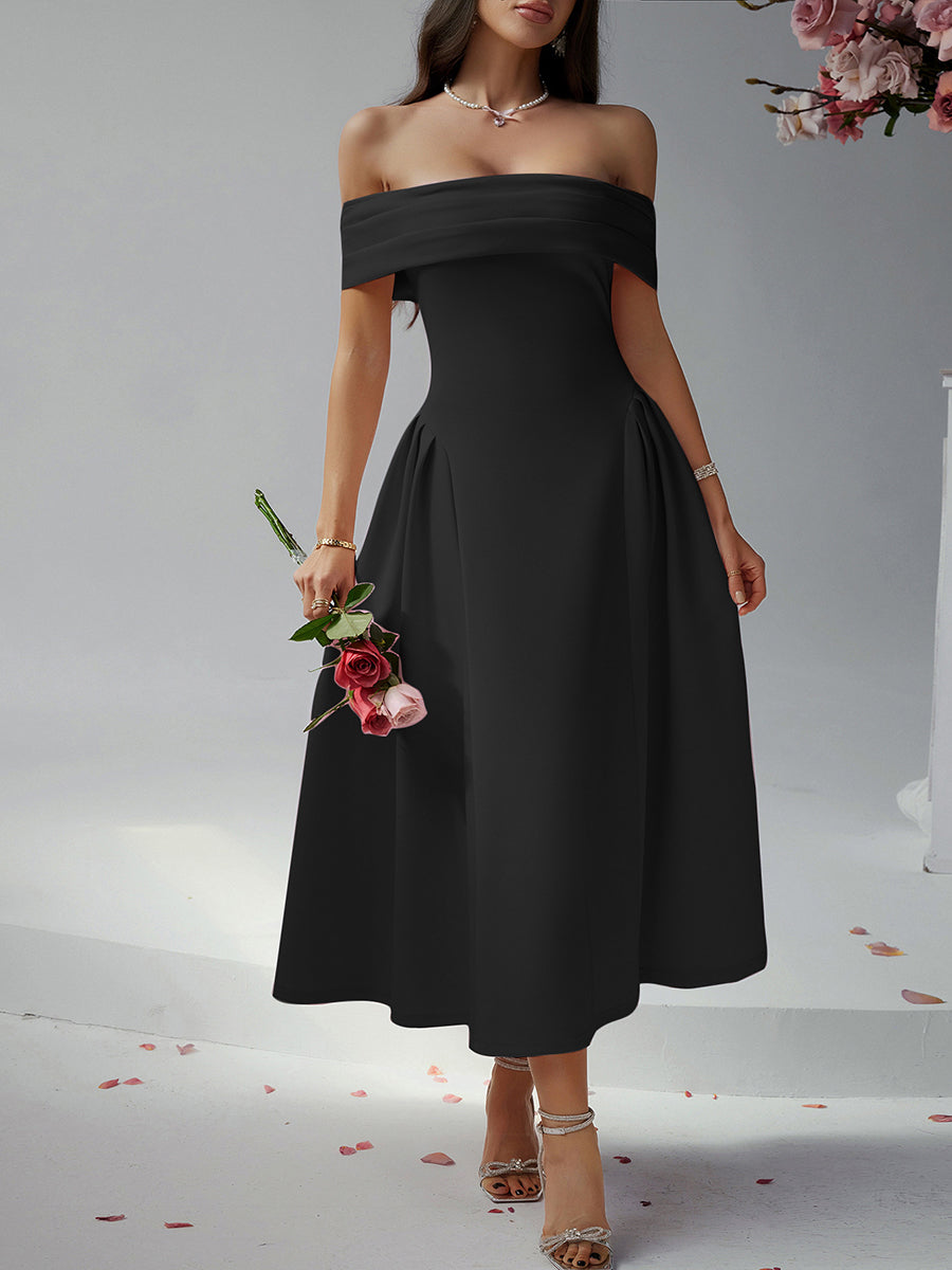 Off Shoulder A-line Solid Prom Dress