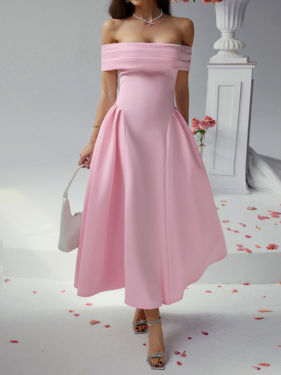 Off Shoulder A-line Solid Prom Dress