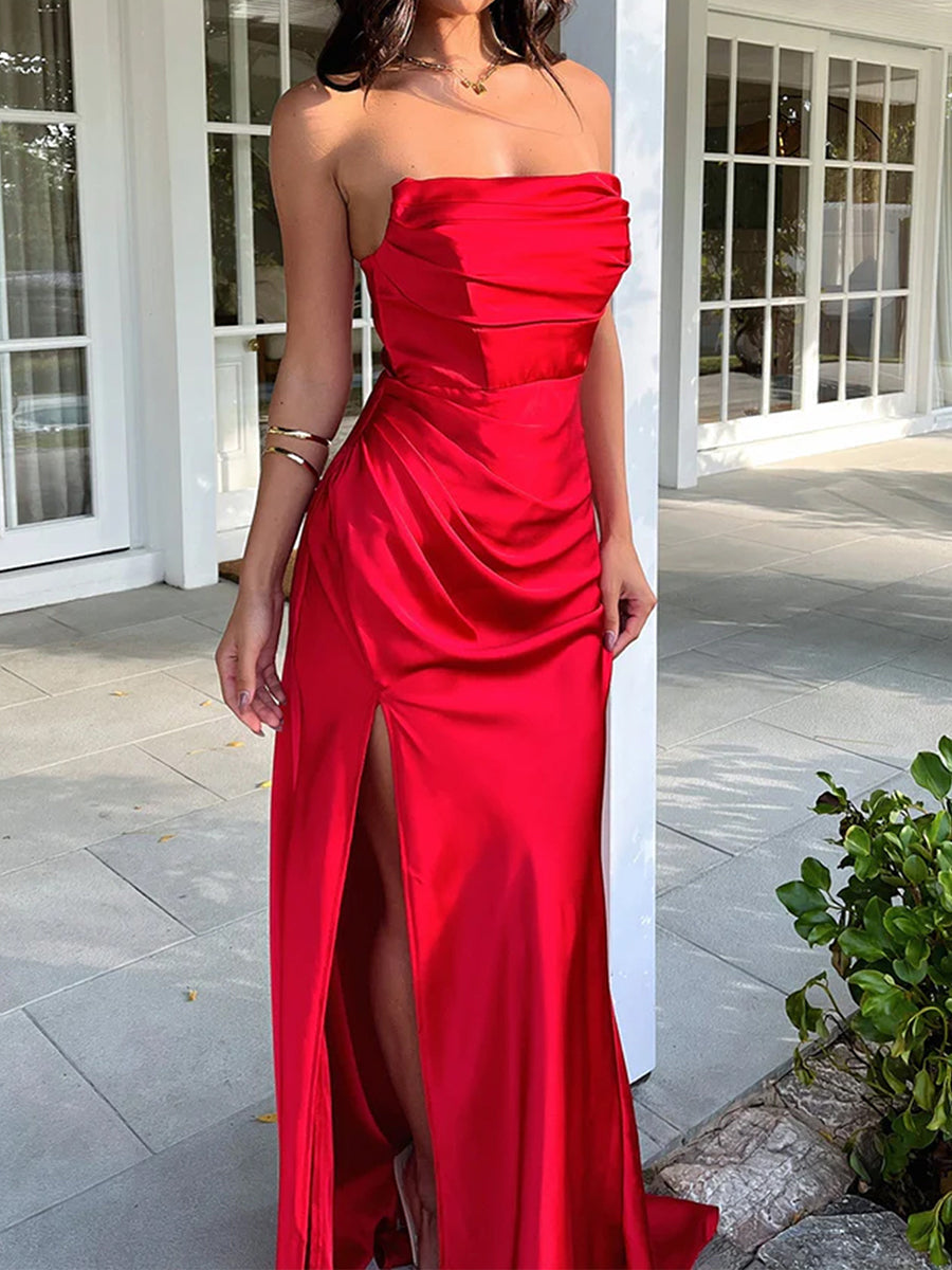 Strapless Folds Slit Prom Dress