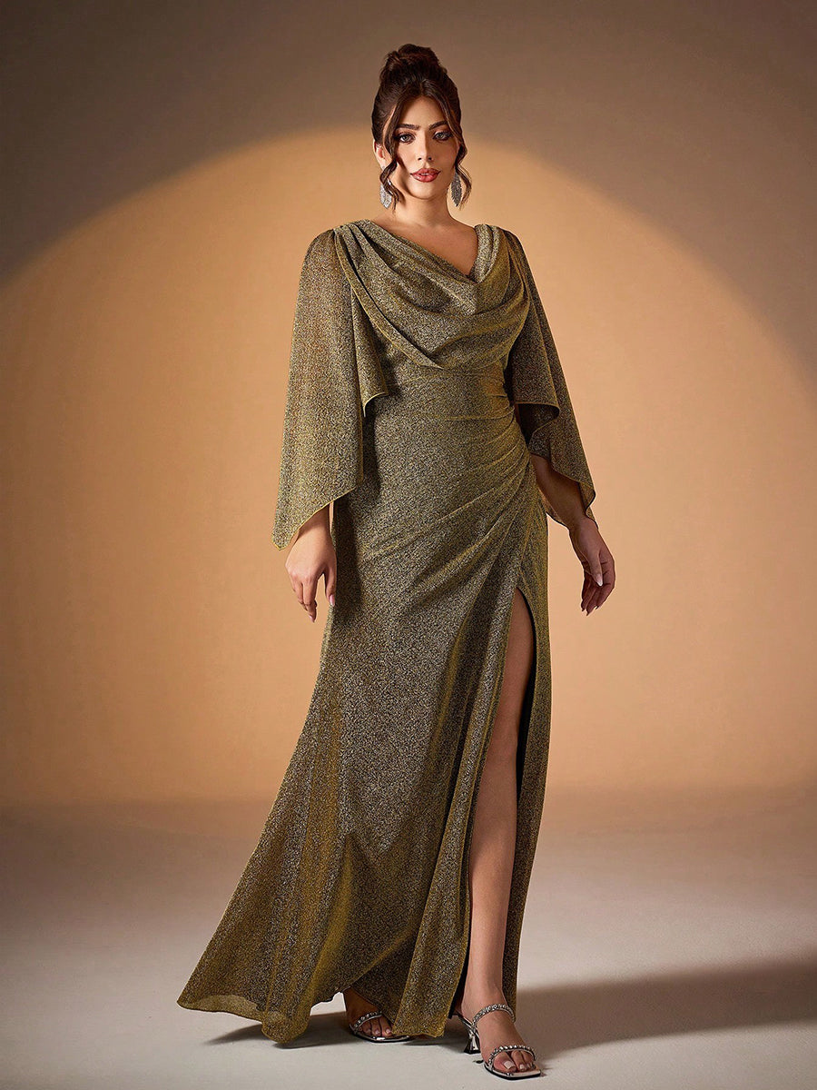 Plus Size Elegant Ruched Cowl Neck Formal Dress