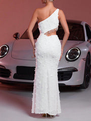 White Cutout Fringed One Shoulder Prom Dress