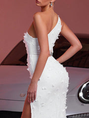 White Cutout Fringed One Shoulder Prom Dress