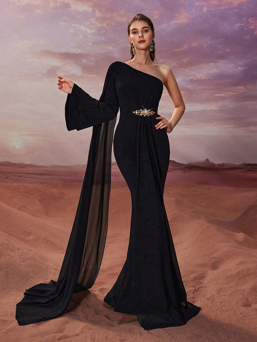 Black One Shoulder Chiffon Mermaid Prom Dress