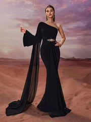 Black One Shoulder Chiffon Mermaid Prom Dress