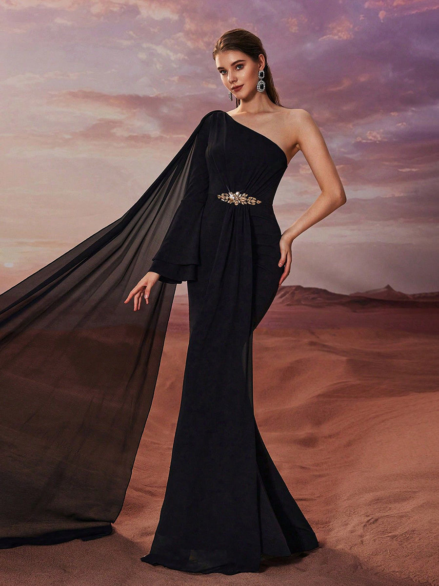 Black One Shoulder Chiffon Mermaid Prom Dress