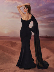 Black One Shoulder Chiffon Mermaid Prom Dress