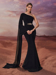 Black One Shoulder Chiffon Mermaid Prom Dress