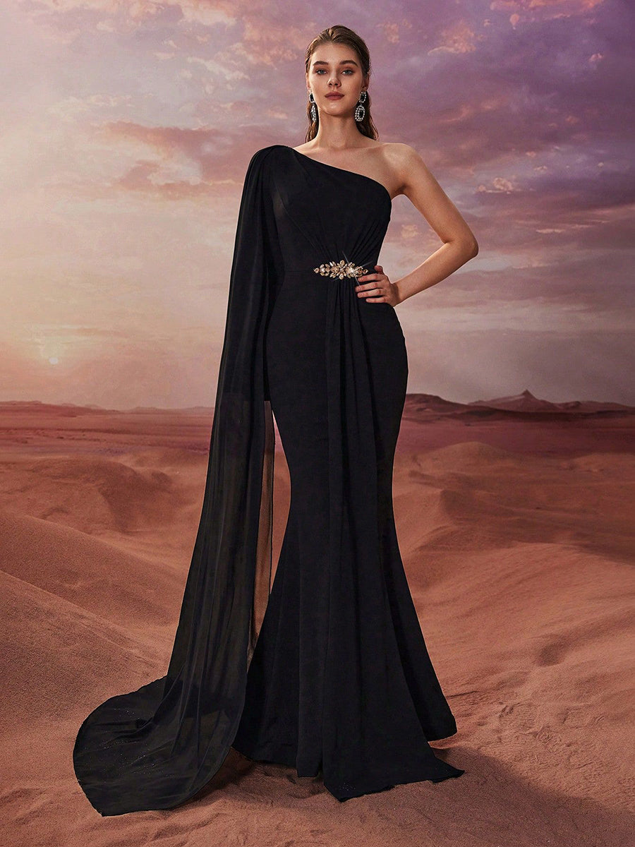 Black One Shoulder Chiffon Mermaid Prom Dress