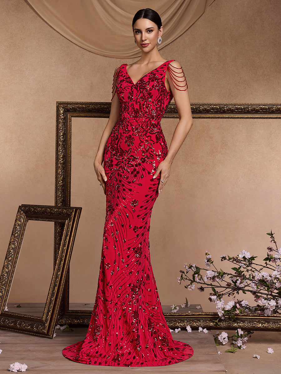 Red Floral Sequin Mermaid Evening Dress